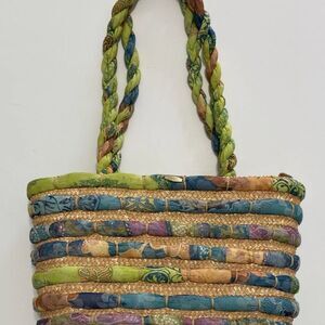 Vintage Straw Handbag Purse With Cloth Ropes Run Through Colorful Woven bag
